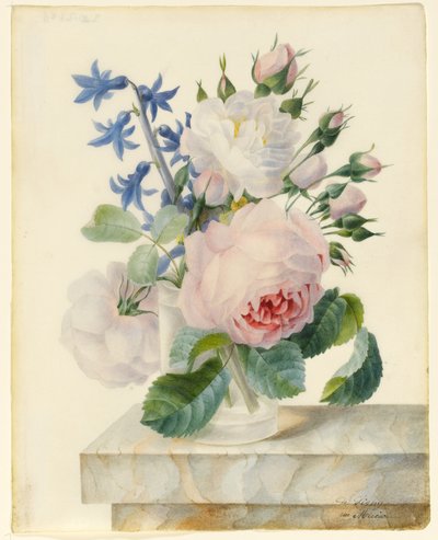 Vase mit einer Centifolia- und einer Alba-Rose, mit Knospen und einer Hyazinthe auf einem Marmorparapet von Madame de Ligny